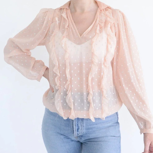 Rebecca Taylor Peach Silk Polka Dot Metallic Tie Neck Ruffle Long Sleeve Blouse2 - Picture 1 of 11